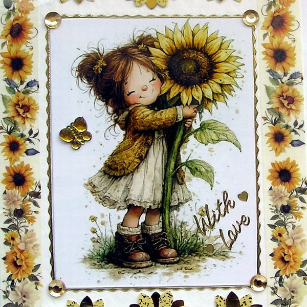 Girl Holding SunFlower - Hand Crafted Decoupage Greeting Card - With Love 3799