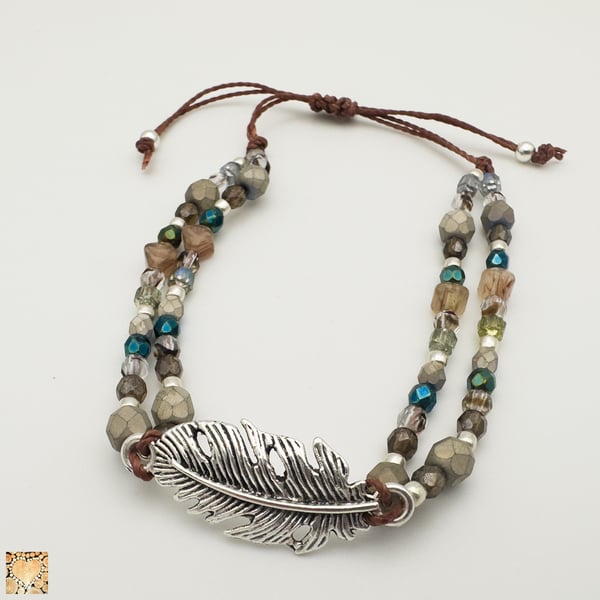 Silver Feather and Mixed Bead Adjustable Bracelet