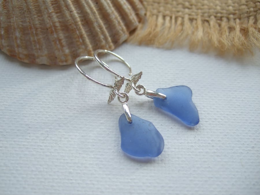 Scottish Blue Sea Glass Earrings, Angel Wing Design Sterling Silver 