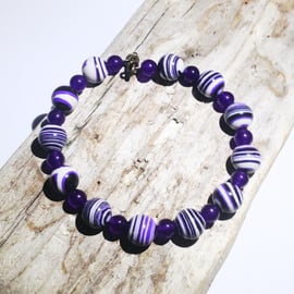 Purple Striped Agate and Amethyst Gemstone Bracelet - UK Free Post