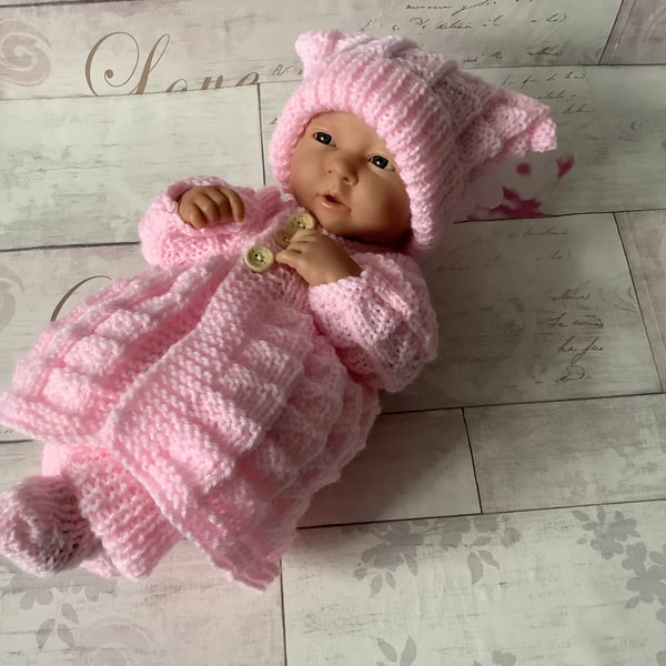 Hand knitted dolls clothes coat set for a 14” Berenguer Doll made to order set 