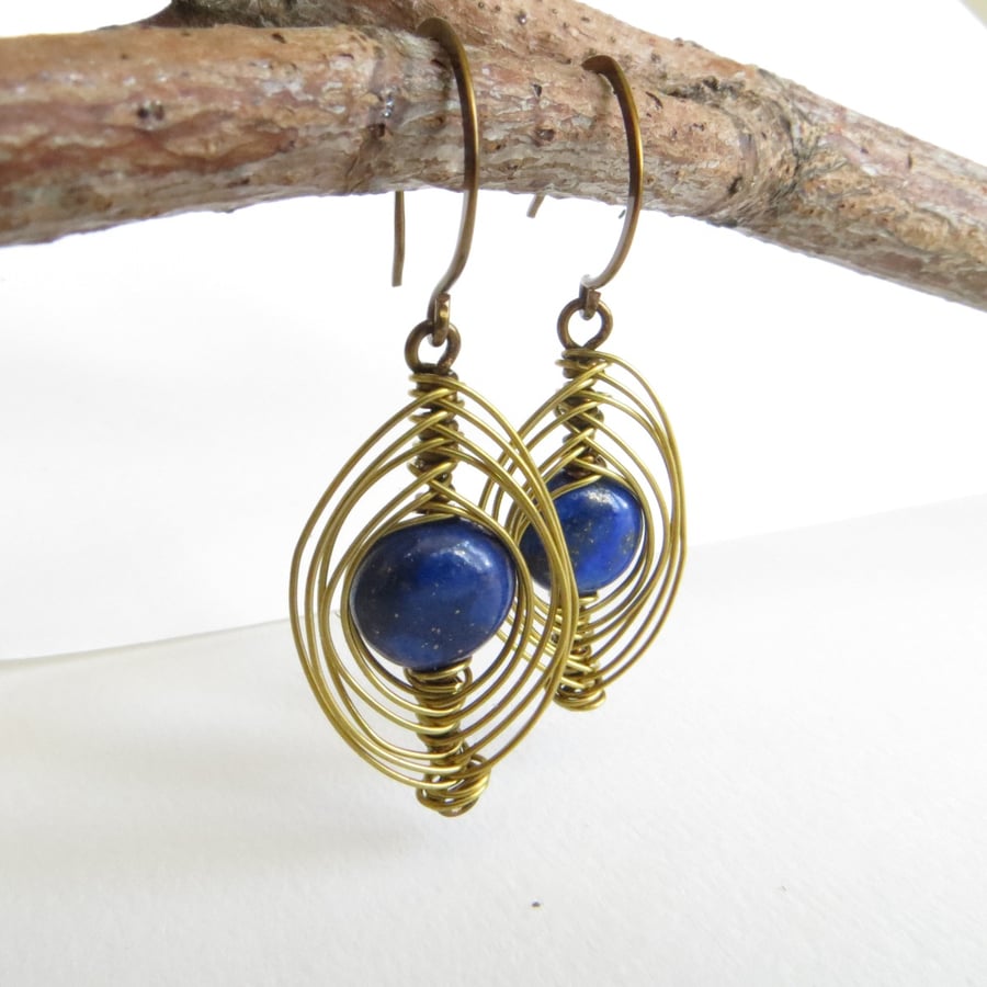 Lapis Lazuli and and Brass Earrings, Blue Gemstone Earrings, Wire Wrapped 