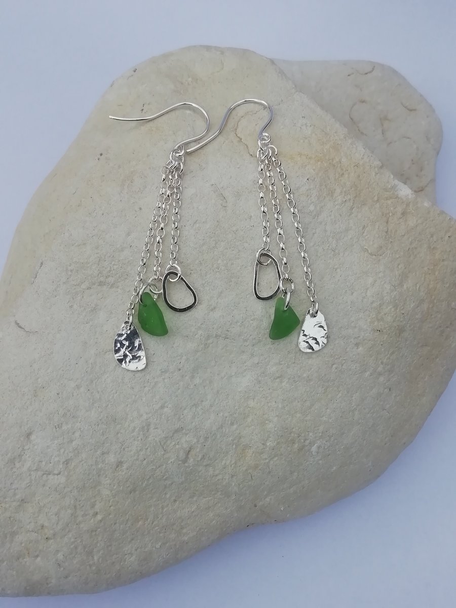 A Trio of Silver Chains with Seaglass Earrings