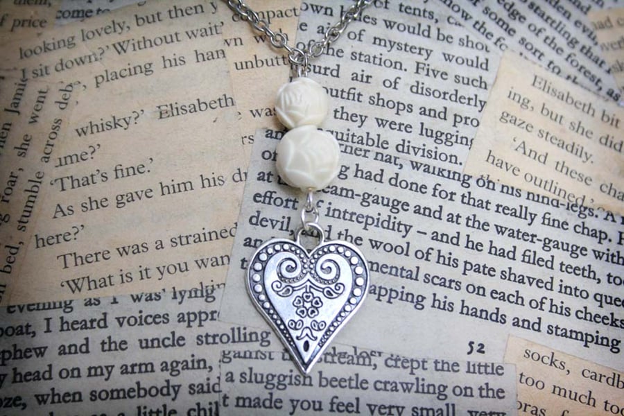 Silver Embossed Heart Charm Rose Bead Silver Necklace