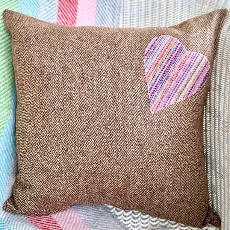 Tweed Appliqué Heart Scatter Cushion with Pad, Brown 46x46cm