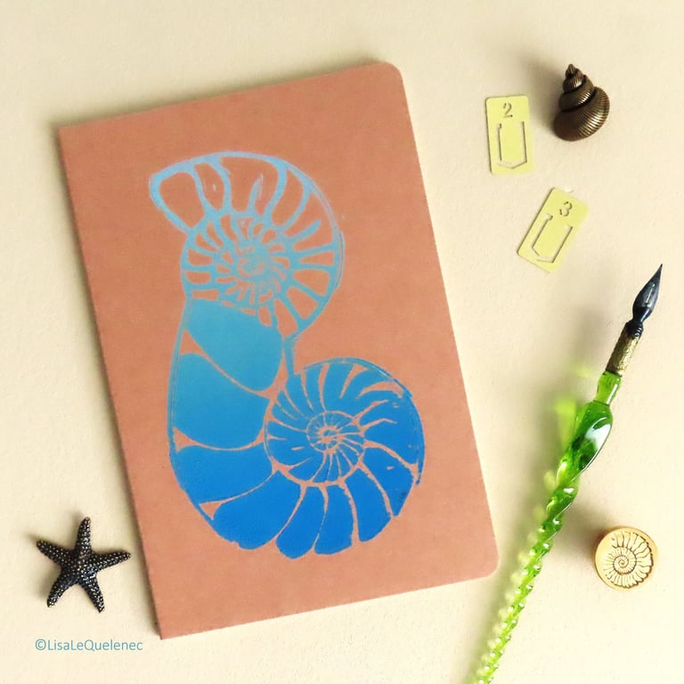 Blue nautilus spiral shell hand printed lino A5 notebook with brown kraft cover