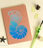 Blue nautilus spiral shell hand printed lino A5 notebook with brown kraft cover