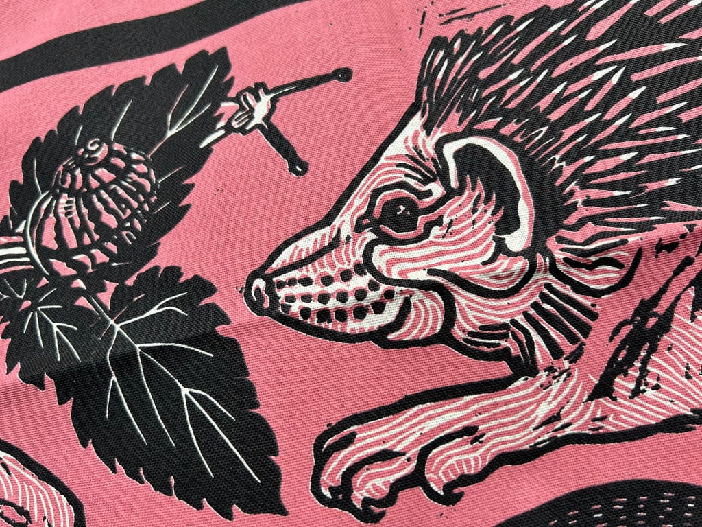 "A prickly pair" -Hedgehogs and snails screen print in plum pink and black inks