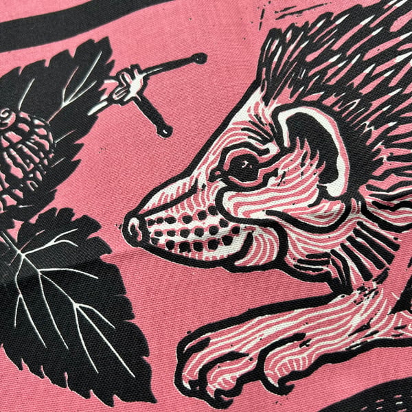 "A prickly pair" -Hedgehogs and snails screen print in plum pink and black inks