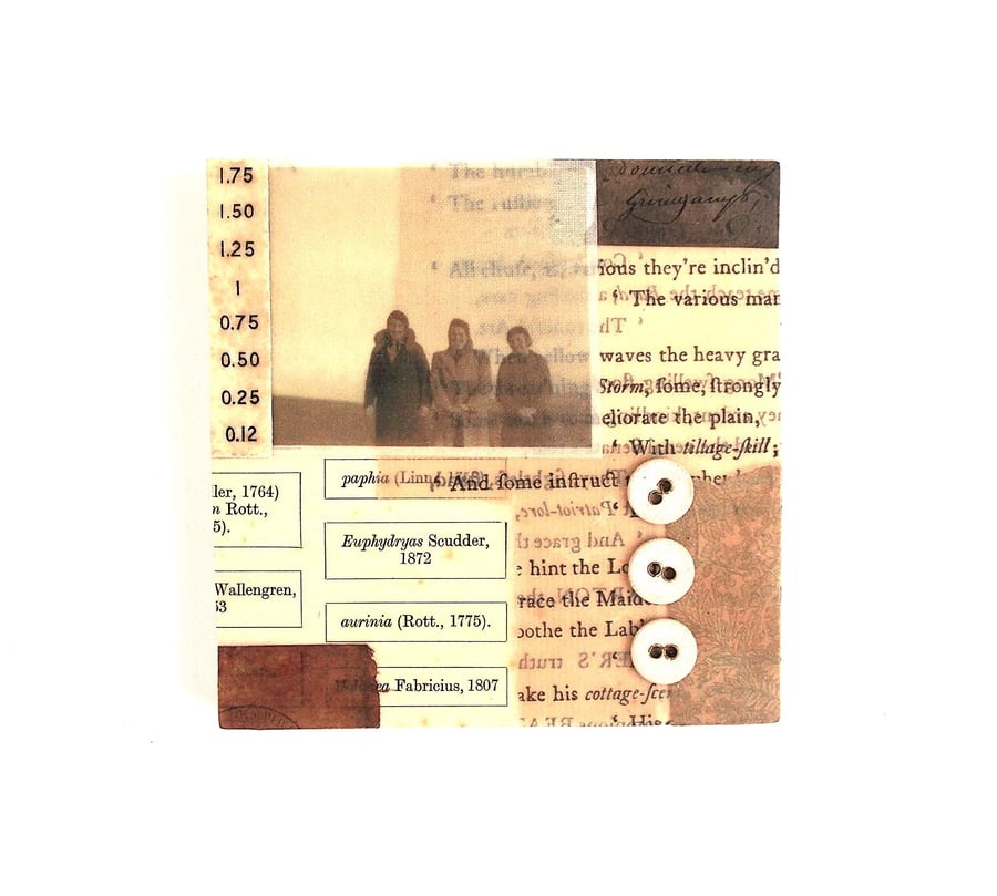 Original Paper & Fabric Collage on Wood Panel, 12x12cms, Free Postage (186)