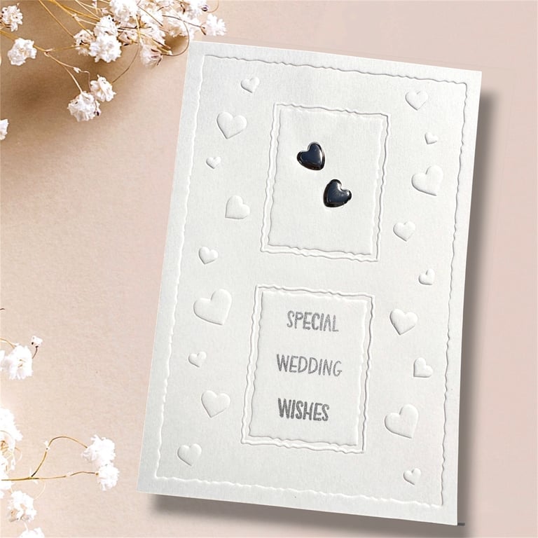 Handmade Wedding Card with 2 Silver Heart studs on embossed card