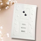 Handmade Wedding Card with 2 Silver Heart studs on embossed card