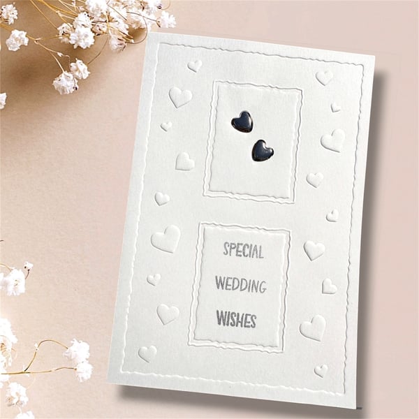 Handmade Wedding Card with 2 Silver Heart studs on embossed card