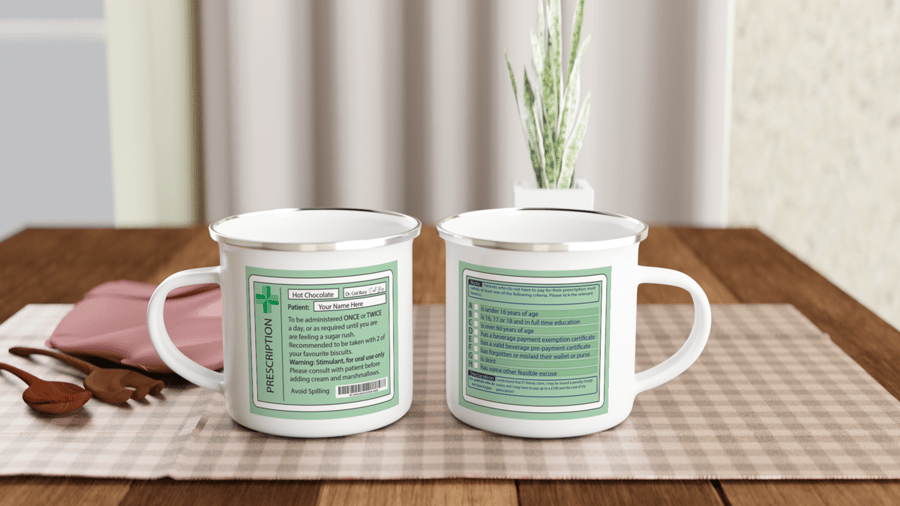 Joke enamel hot choc prescription mug and coaster. Gift for medical profession