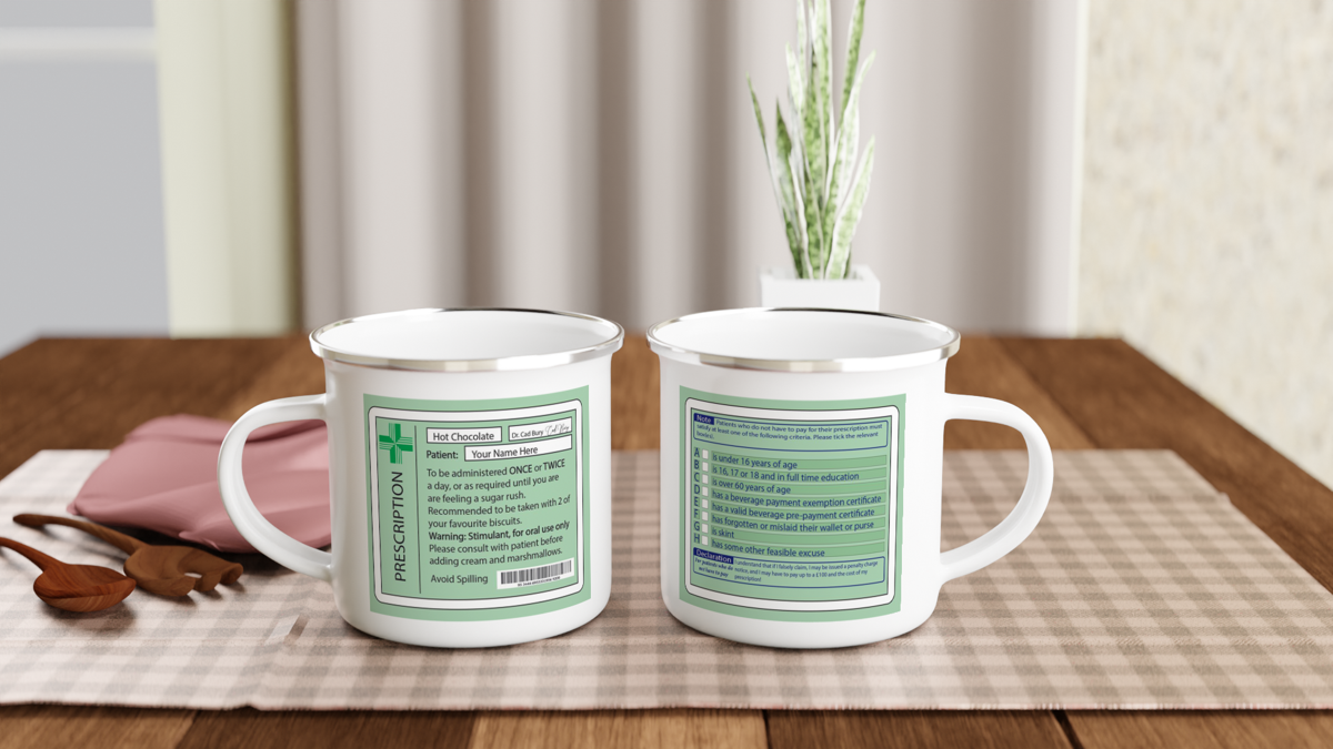 Joke enamel hot choc prescription mug and coaster. Gift for medical profession