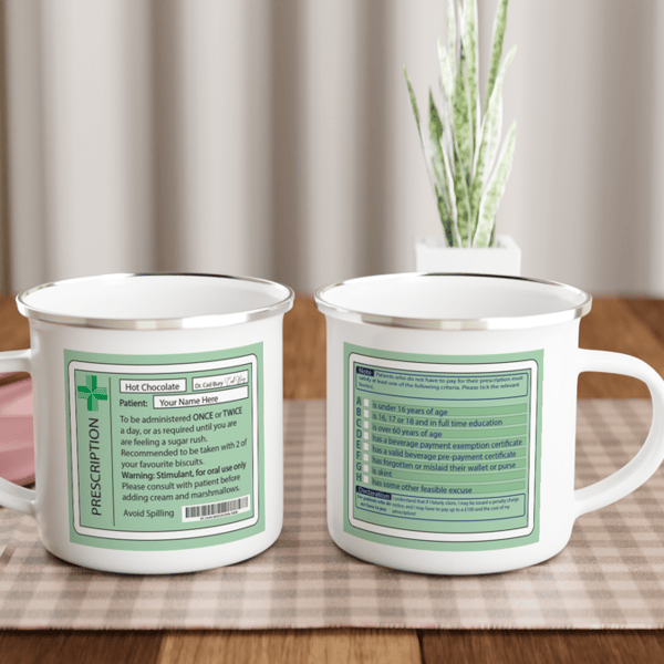 Joke enamel hot choc prescription mug and coaster. Gift for medical profession