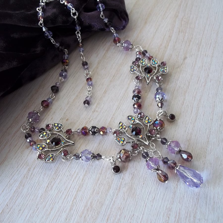 Purple Diamante Thistle Necklace, Beaded Crystal Glass Edwardian Style, OOAK