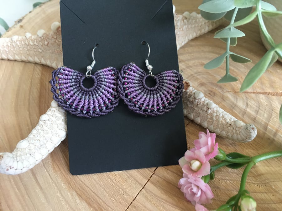 Pretty lilac and purple macrame handmade beaded fan earrings, gift for her