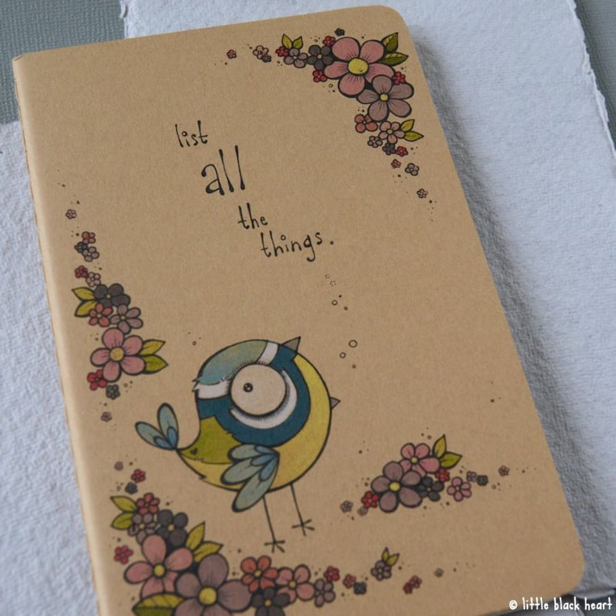 pocket notebook with original illustration - blossom and bluetit