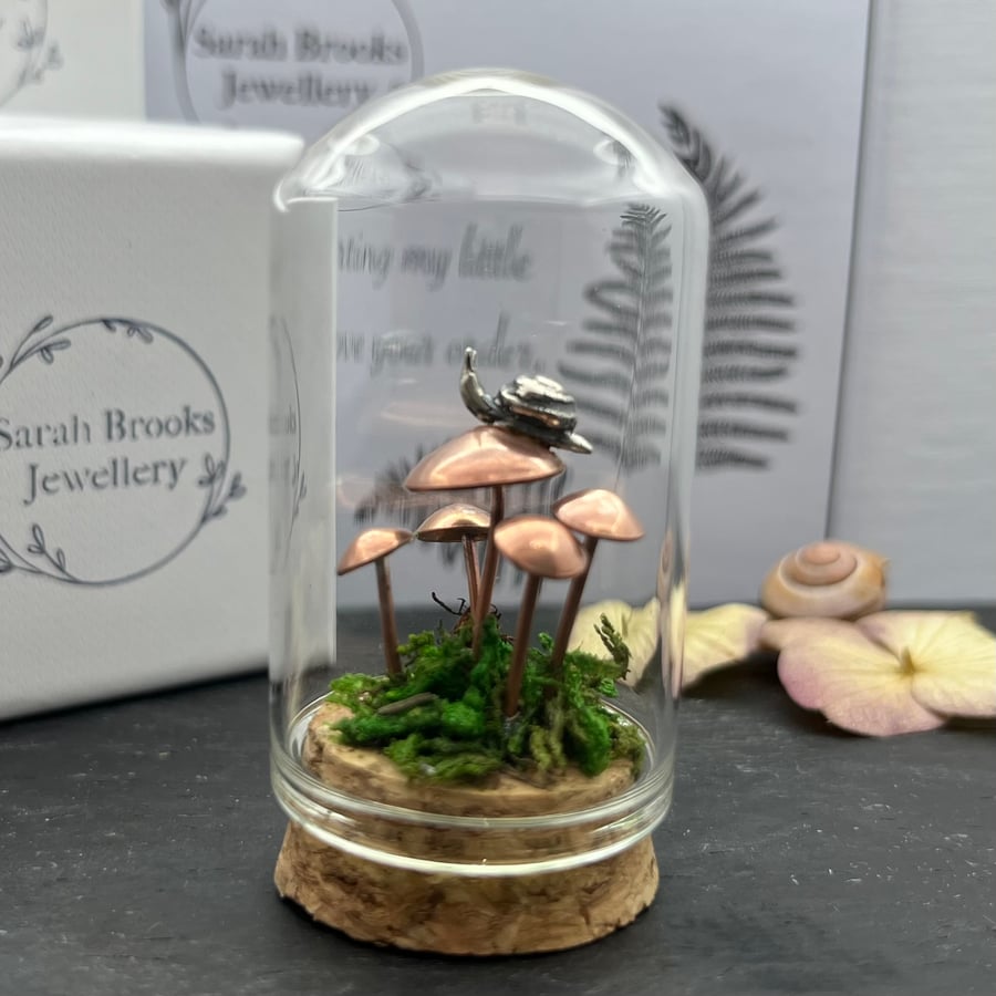 Handmade Nature Scene 2 Five Copper  Toadstools And Silver Bell Jar