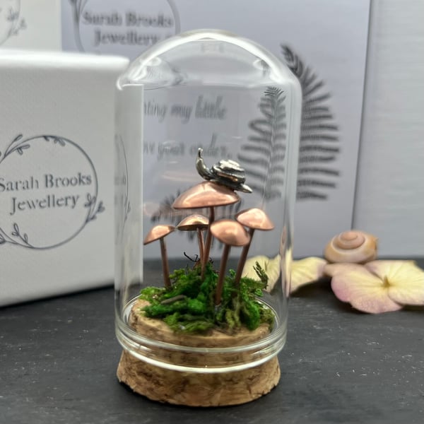 Handmade Nature Scene 2 Five Copper  Toadstools And Silver Bell Jar