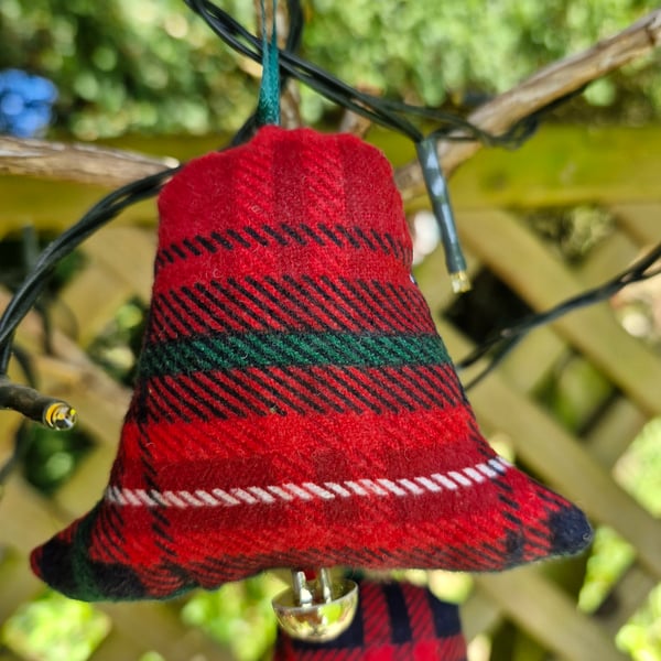 Pair of handmade red tartan fabric bells