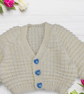 Hand Knitted Cream Baby Cardigan 0-3 Months with Blue Heart Buttons  - Image 3