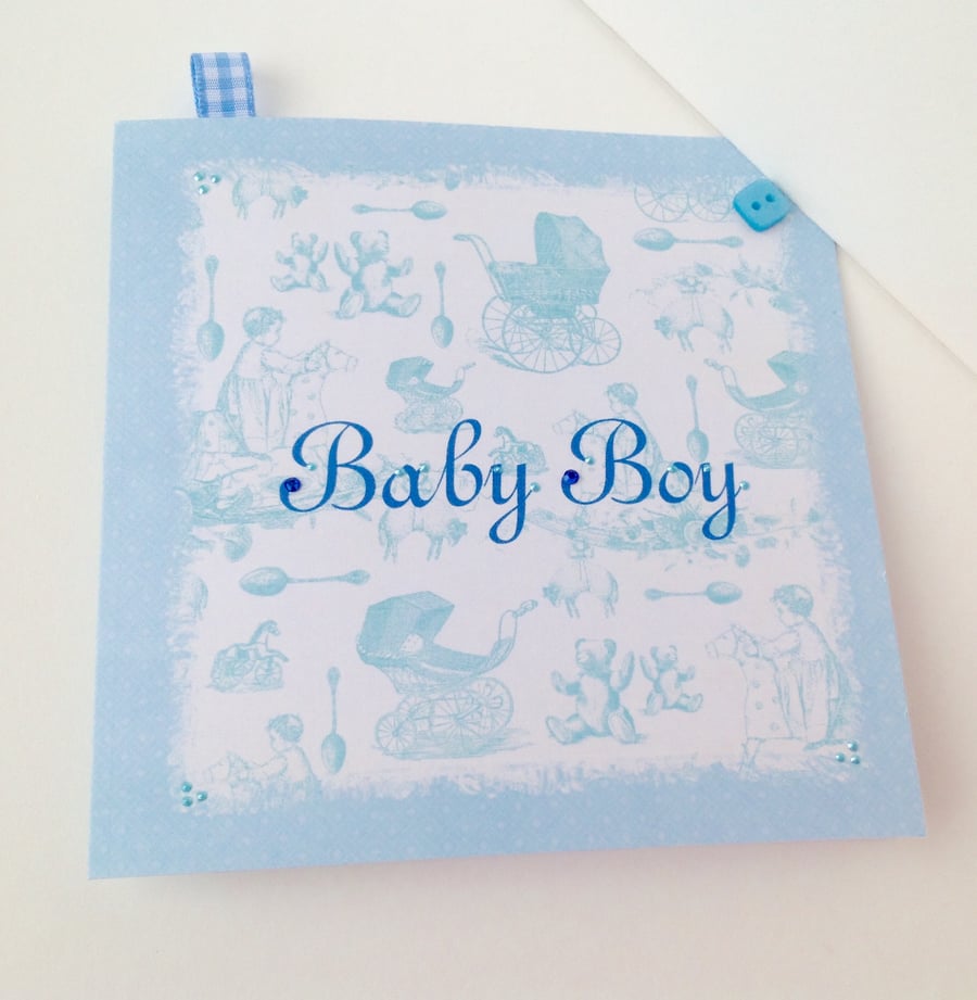 Baby Boy Card,Vintage Style New Baby Card,Handmade,Personalised