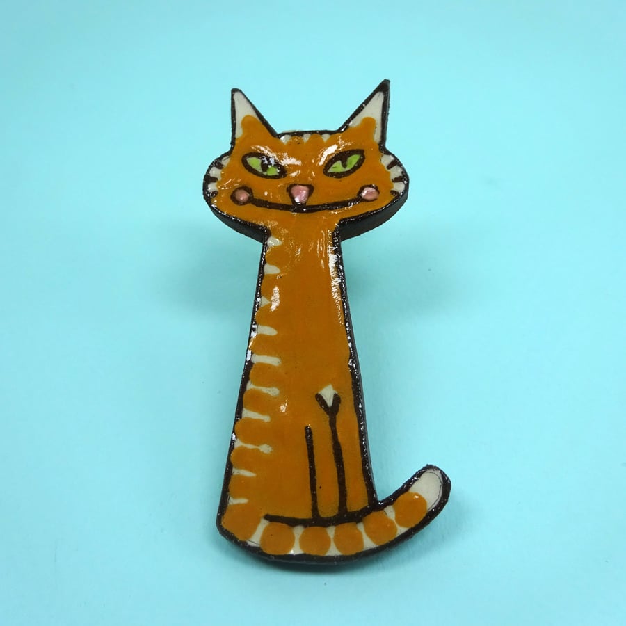Ceramic cat brooch, cat jewellery, pottery cat, ginger cat brooch, 