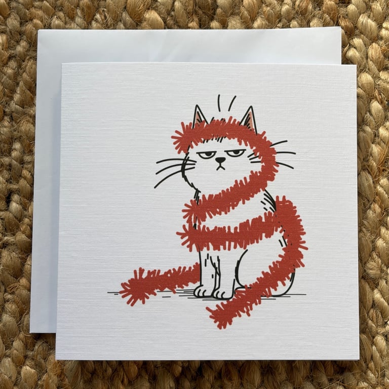 Funny Cat Christmas Card – Grumpy Cat Tangled in Tinsel for Cat Lovers