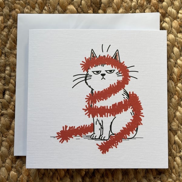 Funny Cat Christmas Card – Grumpy Cat Tangled in Tinsel for Cat Lovers