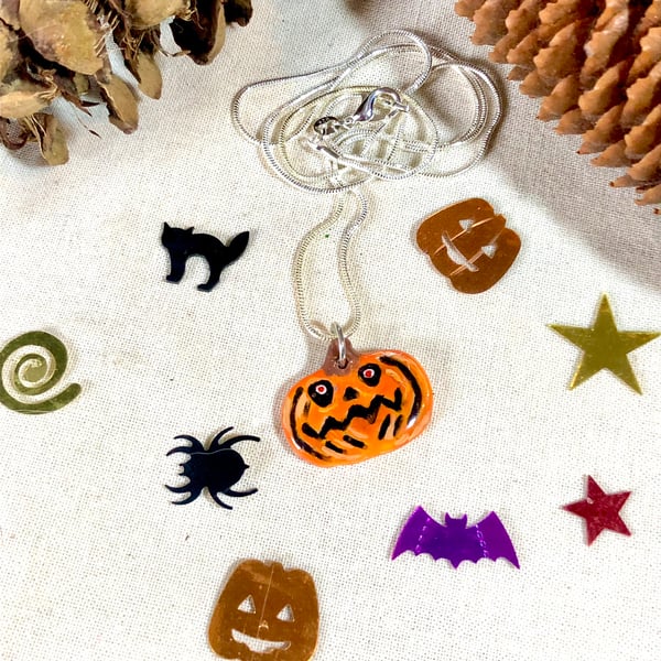 Ceramic Pumpkin pendant on silver chain, Halloween jewellery, pumpkins, Autumn 