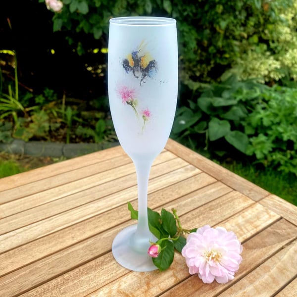 Bumblebee and Flower Watercolour Motif, Frosted Glass Champagne Flute, Prosecco 