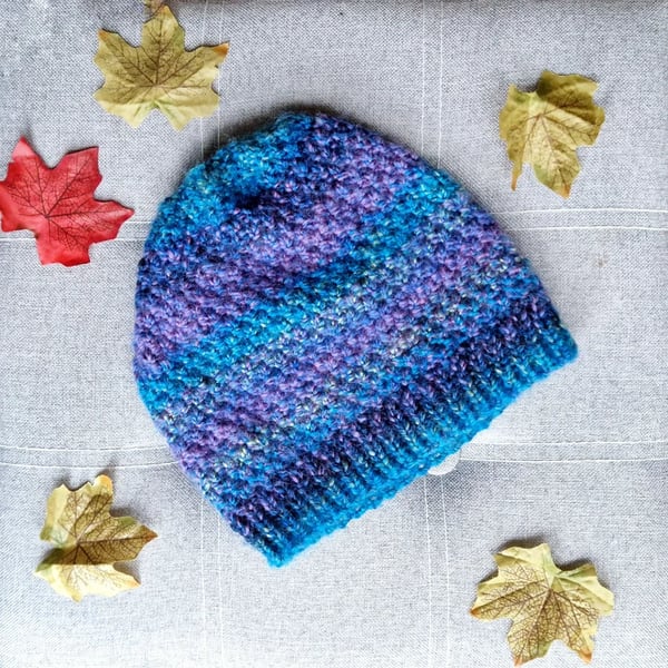 Knitted Blue Rainbow Beanie Hat