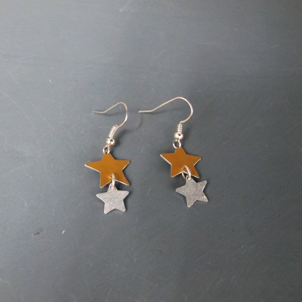 Anodised Aluminum Gold & Silver Star Drop Earrings