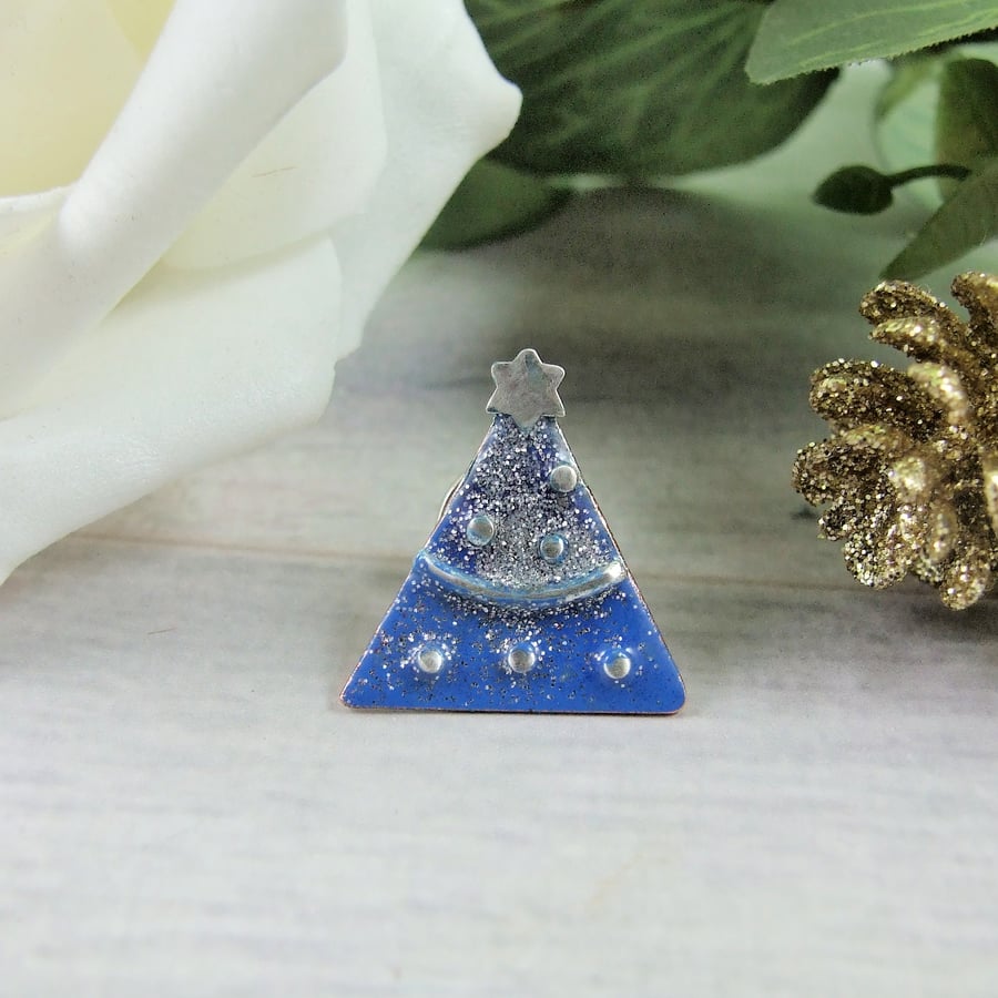 Festive Brooch. Blue Enamel, Copper & Sterling Silver Christmas Tree Lapel Pin 