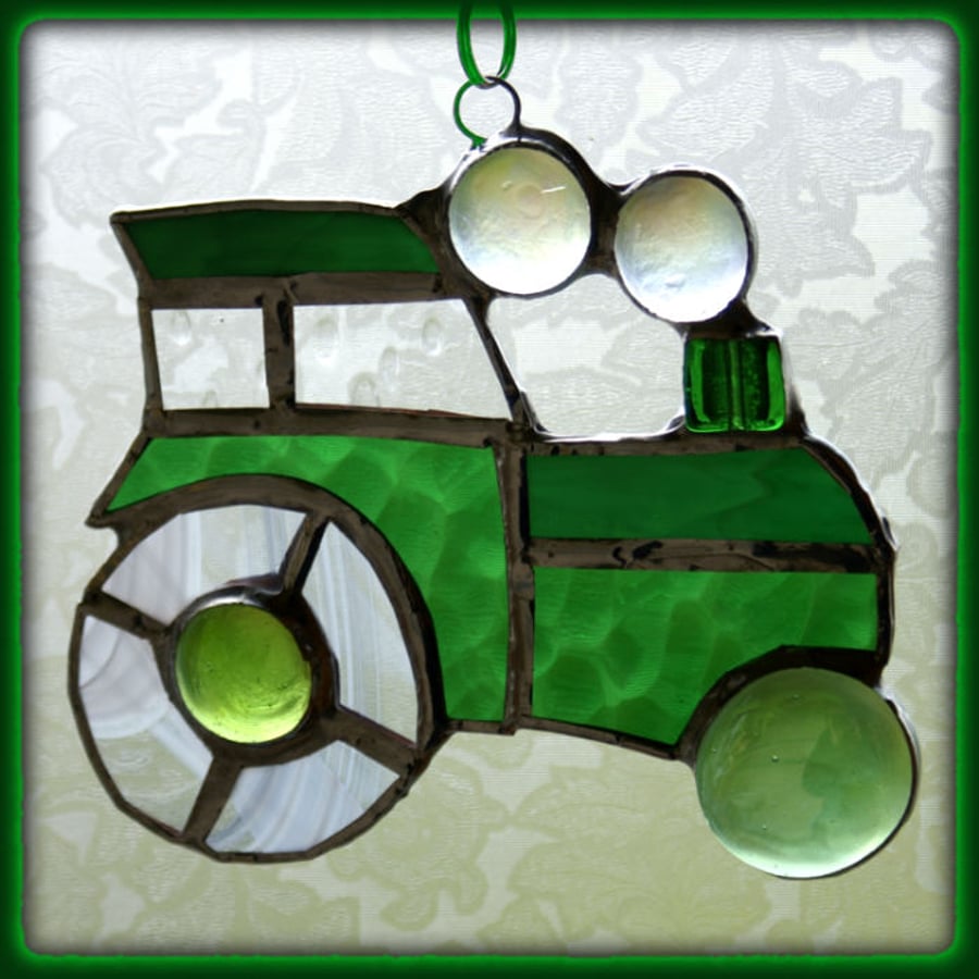 Tractor Suncatcher Green Stained Glass Handmade