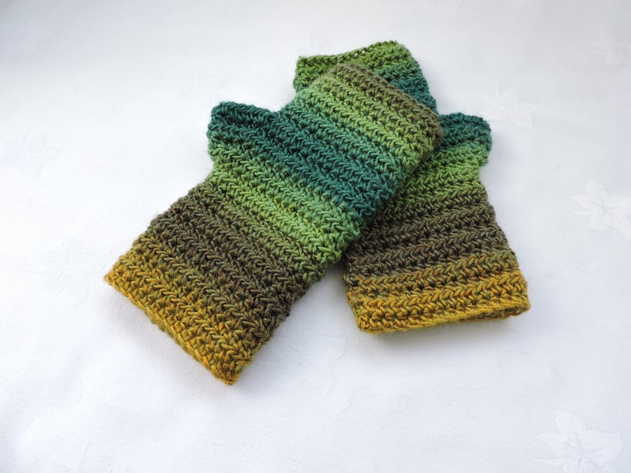 Fingerless Wrist Warmers Mitts for Adults Green and Mustard