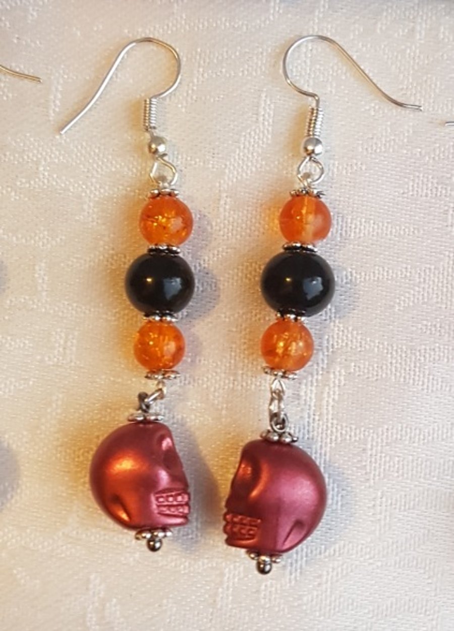 Spooky Bead and Skull dangle Earrings - Pumpkin Orange - SALE