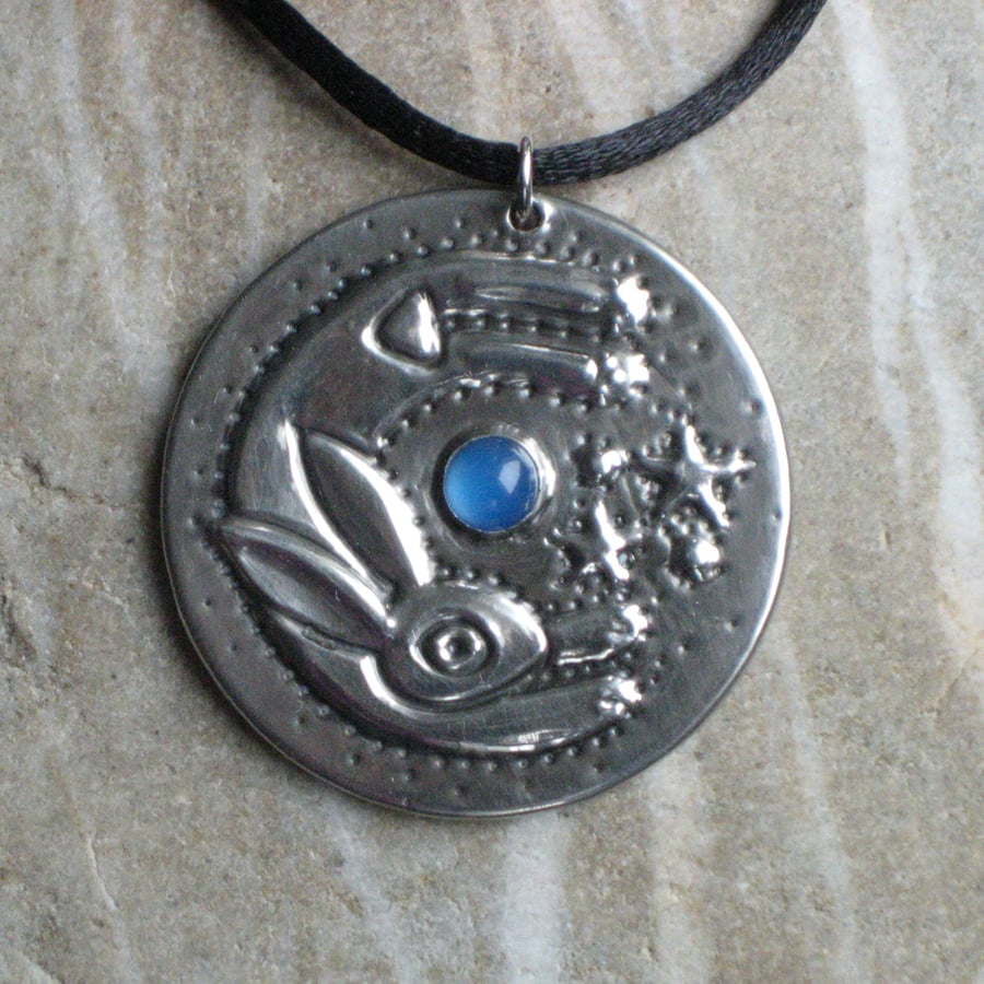 Pewter Hare Necklace with Blue Agate Moon