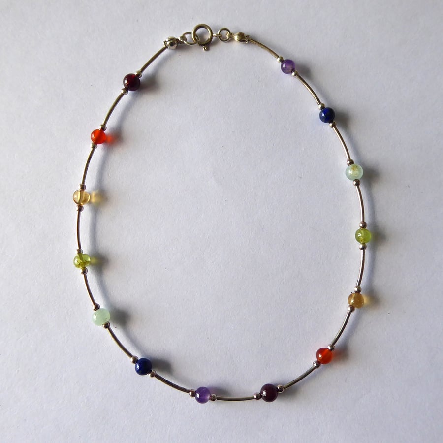 Sterling Silver and Gemstone Anklet with Rainbow coloured Chakra Crystals
