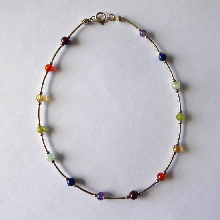 Sterling Silver and Gemstone Anklet with Rainbow coloured Chakra Crystals