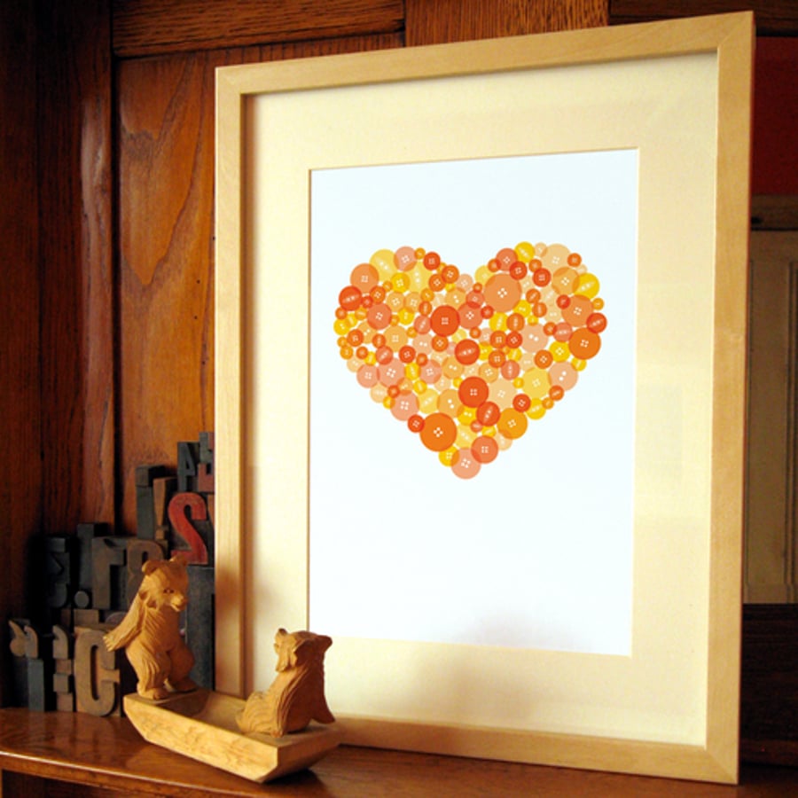 Button Heart in Orange - A4 Giclée Print