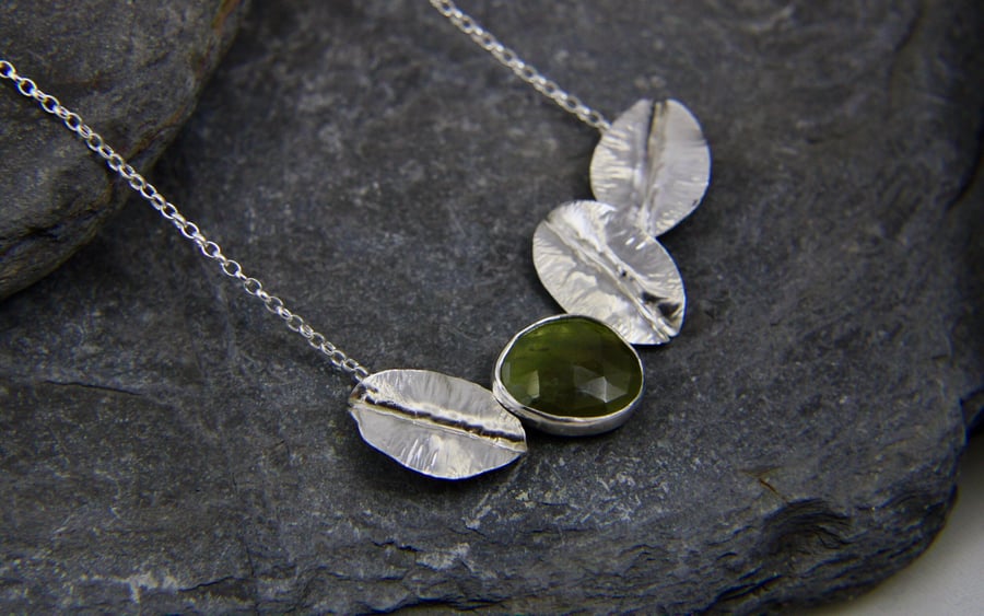 Statement Leaf and Green Sapphire Sterling Silver Necklace