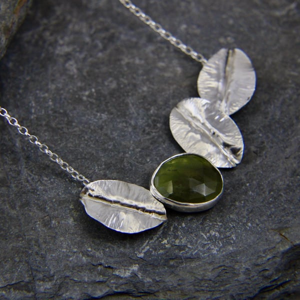 Statement Leaf and Green Sapphire Sterling Silver Necklace