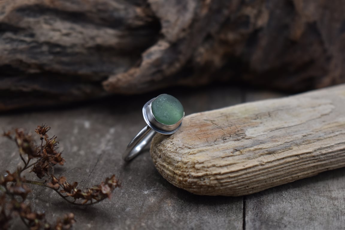 Sea Glass and Recycled Silver Ring, Size O, Teal-Green Scottish Sea Glass