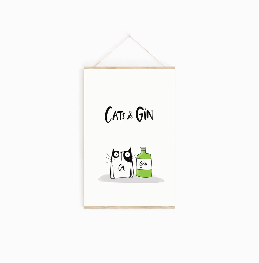 Cats and Gin Illustrated Print 