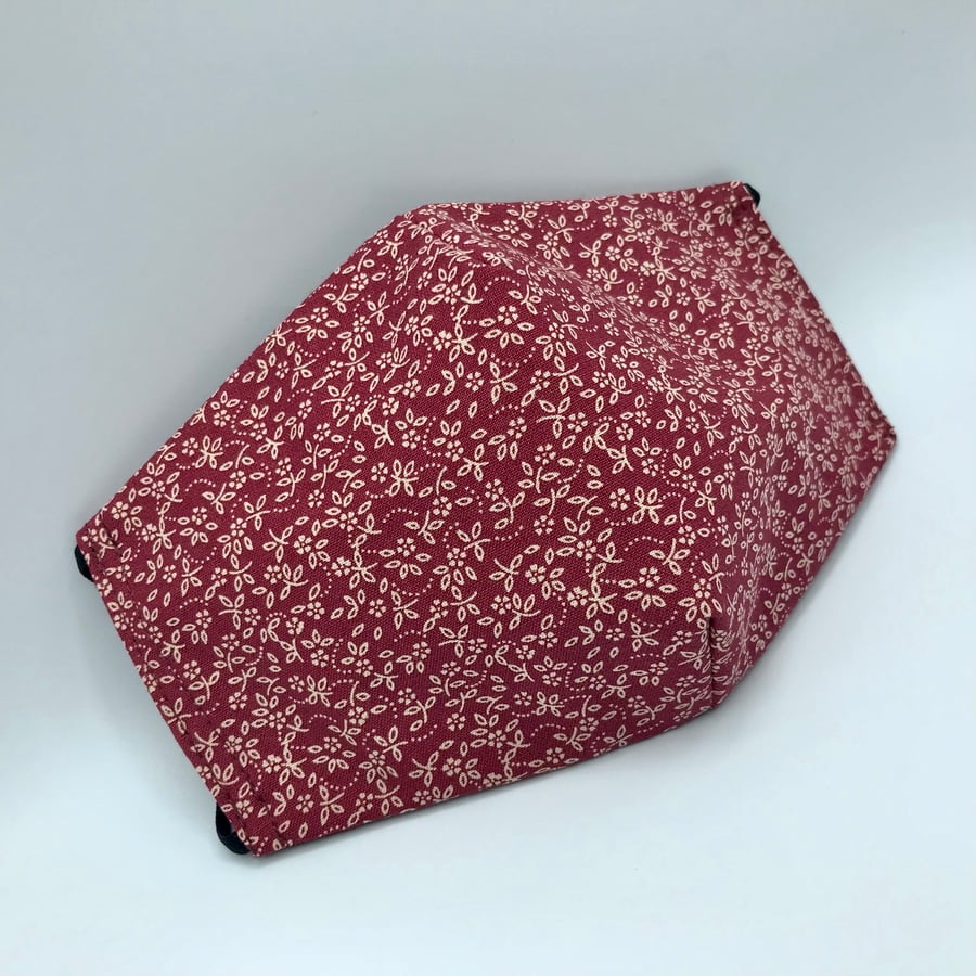 Ditsy Daisy Burgundy Face Mask. Triple layered. 100 % Cotton Fabric.