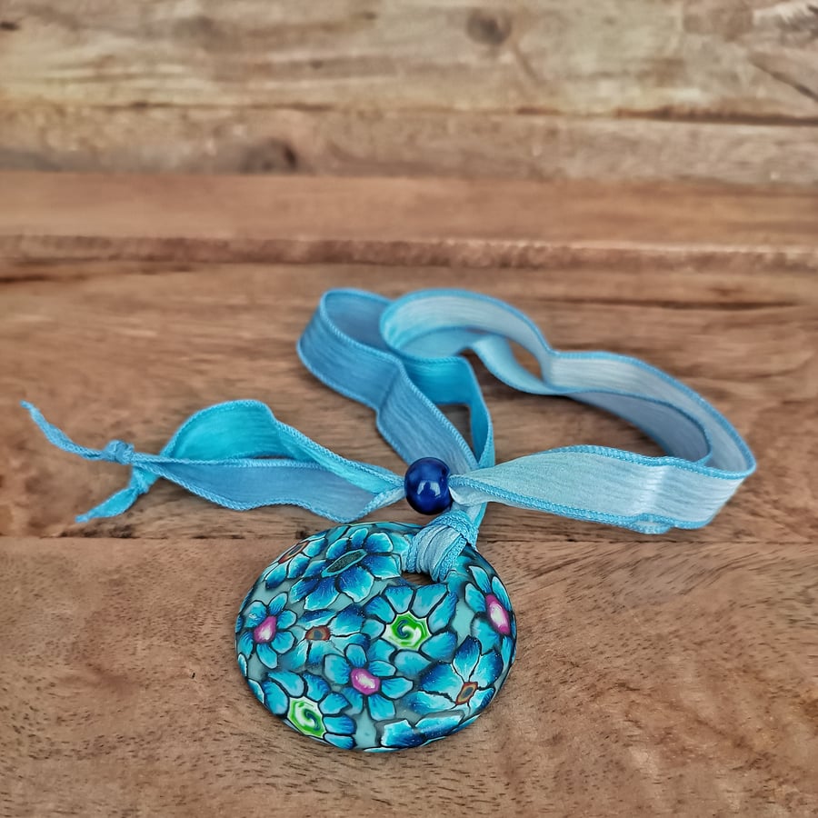 Hand Dyed Pure Silk Ribbon Necklace with Pendant