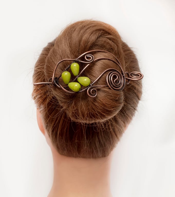 Leaf Green Quartz Hair Brooch in Antique Copper – Handmade Nature Inspired Hair 